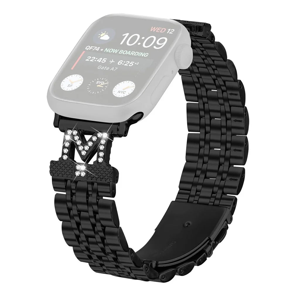 Stainless Steel Metal Strap For Apple Watch Ultra 3 2 1 49mm  /  Series 11 10 46mm  /  9 8 7 45mm  /  SE3 SE2 SE 6 5 4 44mm  /  3 2 1 42mm M Shape Connector Rhinestone Decor - Black - 1