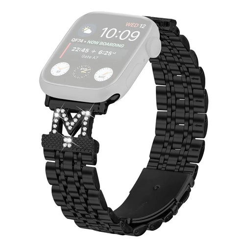 Stainless Steel Metal Strap For Apple Watch Ultra 3 2 1 49mm  /  Series 11 10 46mm  /  9 8 7 45mm  /  SE3 SE2 SE 6 5 4 44mm  /  3 2 1 42mm M Shape Connector Rhinestone Decor - Black - 1