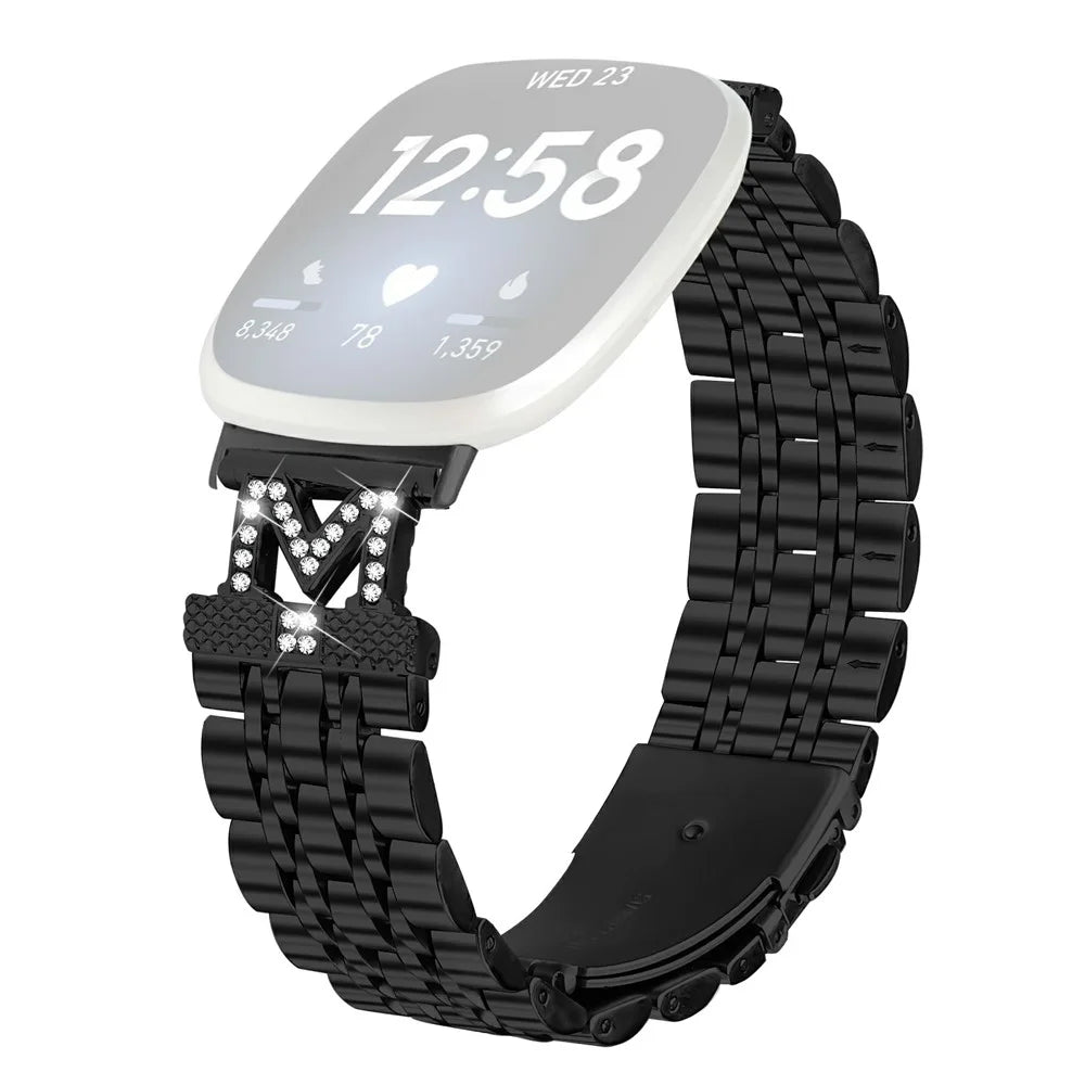 Watch Band For Fitbit Versa 3  /  Sense Stainless Steel Metal Strap with M Shape Connector Rhinestone Decor - Black - 1
