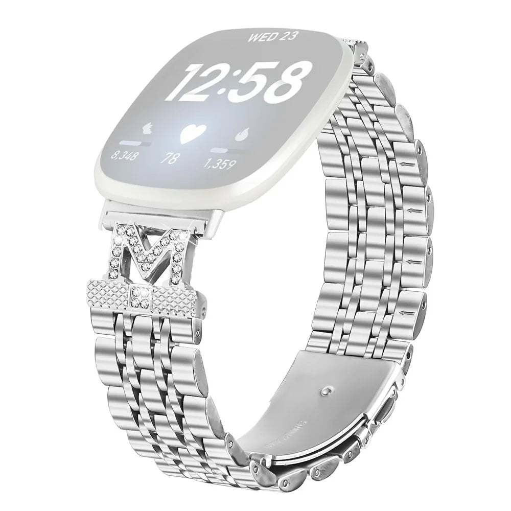 Watch Band For Fitbit Versa 4  /  Sense 2 Stainless Steel Strap with Rhinestone Decor M-Shaped Connector - Silver - 1