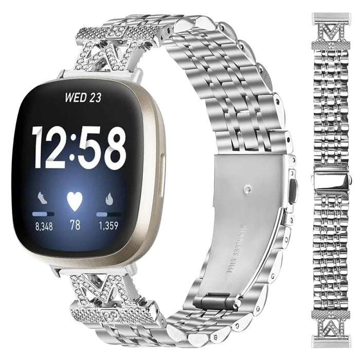 Watch Band For Fitbit Versa 4  /  Sense 2 Stainless Steel Strap with Rhinestone Decor M-Shaped Connector - Silver - 3