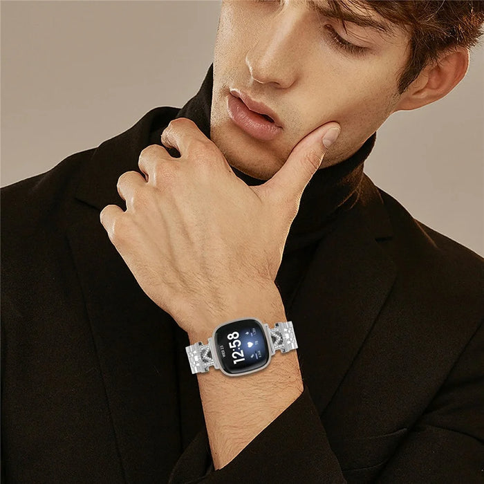 Watch Band For Fitbit Versa 4  /  Sense 2 Stainless Steel Strap with Rhinestone Decor M-Shaped Connector - Silver - 4