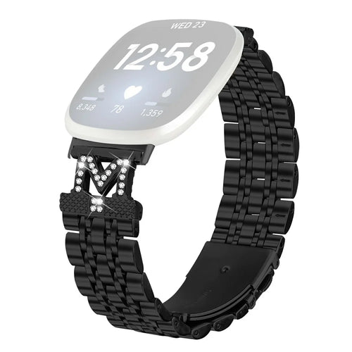 Watch Band For Fitbit Versa 4  /  Sense 2 Stainless Steel Metal Strap with M Shape Connector Rhinestone Decor - Black - 1