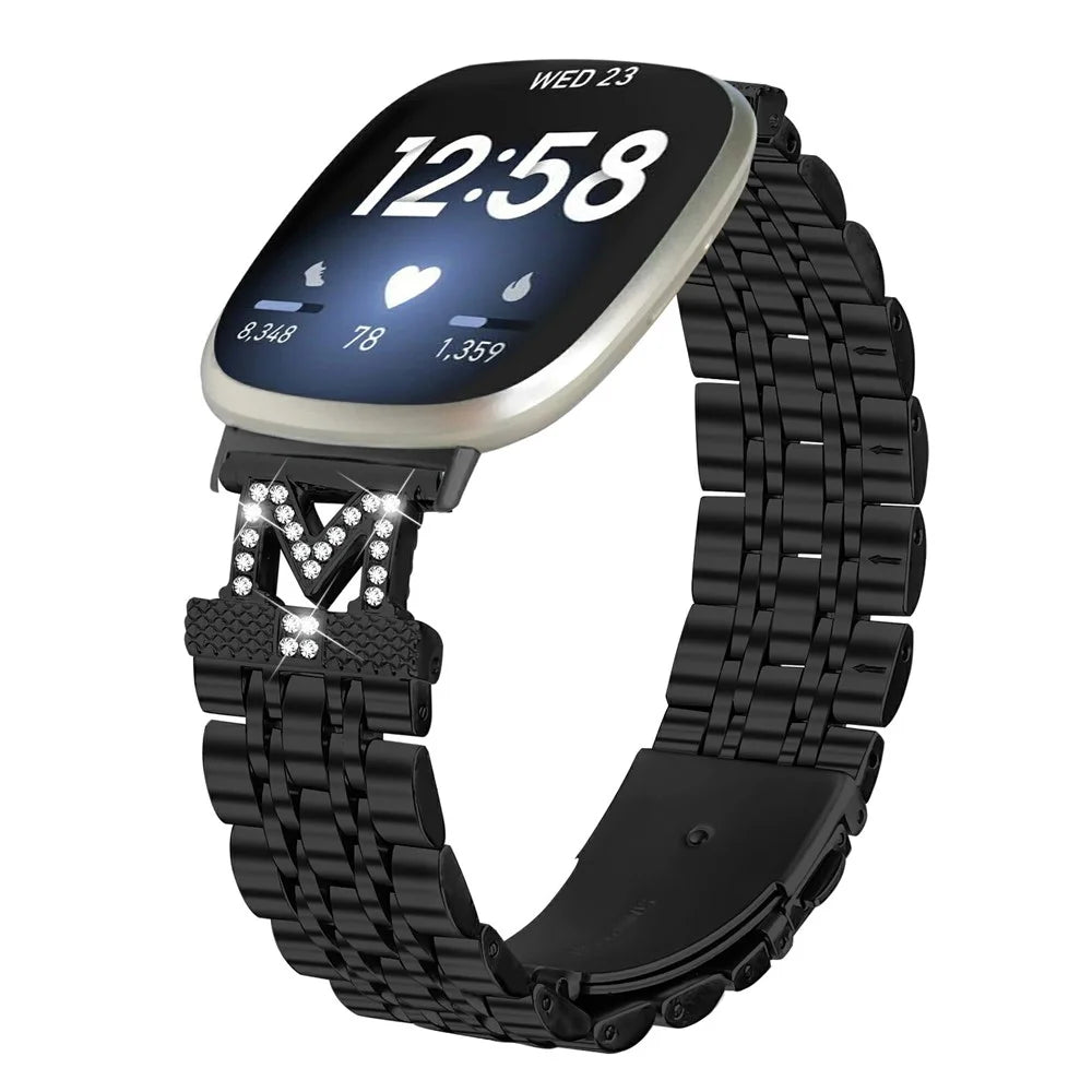 Watch Band For Fitbit Versa 4  /  Sense 2 Stainless Steel Metal Strap with M Shape Connector Rhinestone Decor - Black - 2