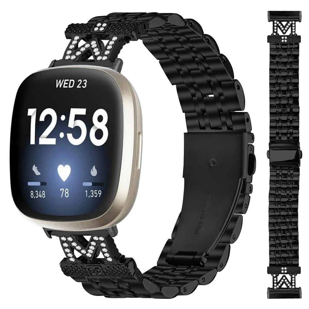 Watch Band For Fitbit Versa 4  /  Sense 2 Stainless Steel Metal Strap with M Shape Connector Rhinestone Decor - Black - 3