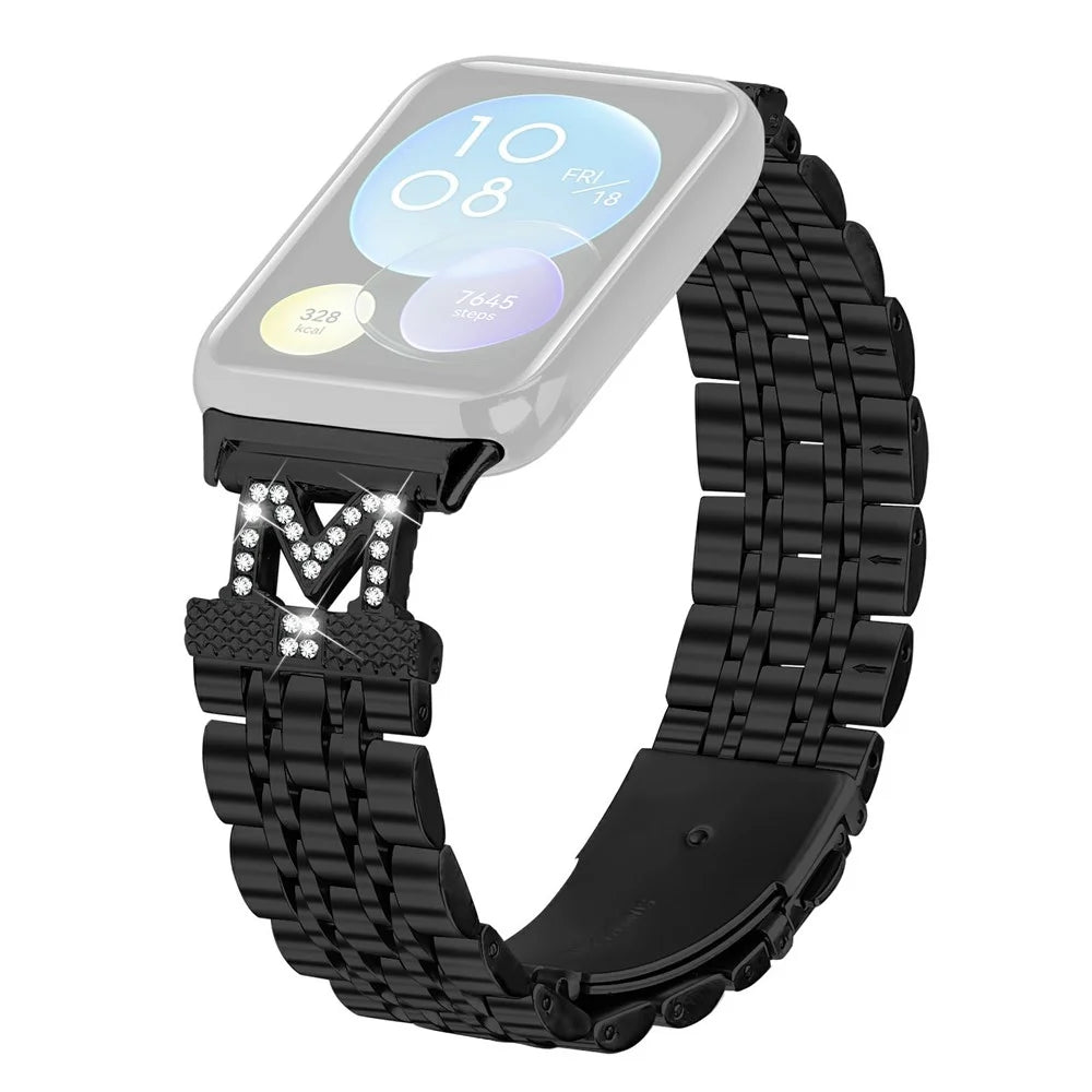 For Xiaomi Smart Band 10 Pro / 9 Pro / 8 Pro / Redmi Watch 6 / 5 / 4 Watch Band Stainless Steel Metal Strap with M Shape Connector Rhinestone Decor - Black - 1