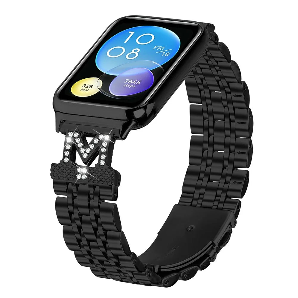 For Xiaomi Smart Band 10 Pro / 9 Pro / 8 Pro / Redmi Watch 6 / 5 / 4 Watch Band Stainless Steel Metal Strap with M Shape Connector Rhinestone Decor - Black - 2