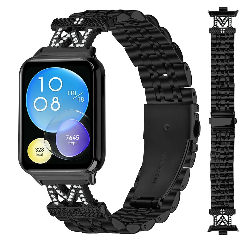 For Xiaomi Smart Band 10 Pro / 9 Pro / 8 Pro / Redmi Watch 6 / 5 / 4 Watch Band Stainless Steel Metal Strap with M Shape Connector Rhinestone Decor - Black - 3