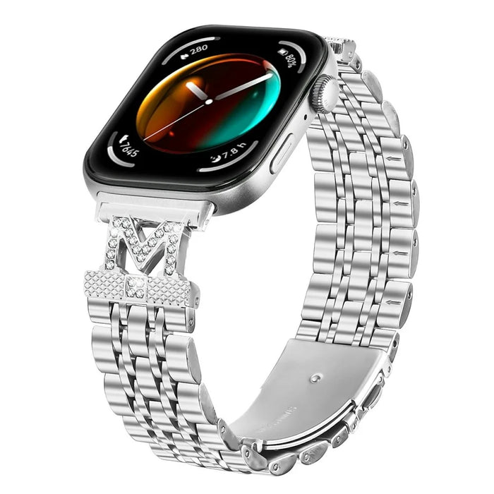 For Huawei Watch Fit 3 Watch Band Stainless Steel Strap with Rhinestone Decor M-Shaped Connector - Silver - 2