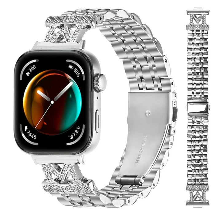 For Huawei Watch Fit 3 Watch Band Stainless Steel Strap with Rhinestone Decor M-Shaped Connector - Silver - 3