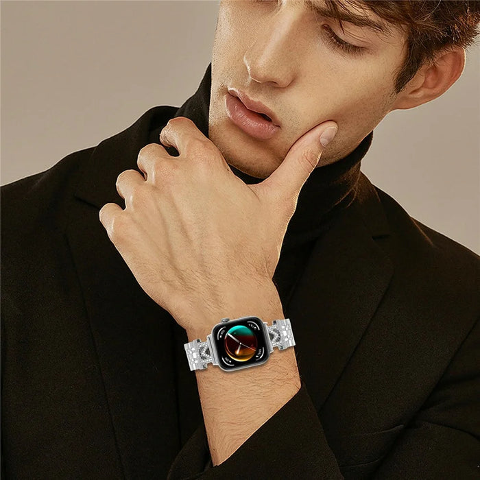 For Huawei Watch Fit 3 Watch Band Stainless Steel Strap with Rhinestone Decor M-Shaped Connector - Silver - 4