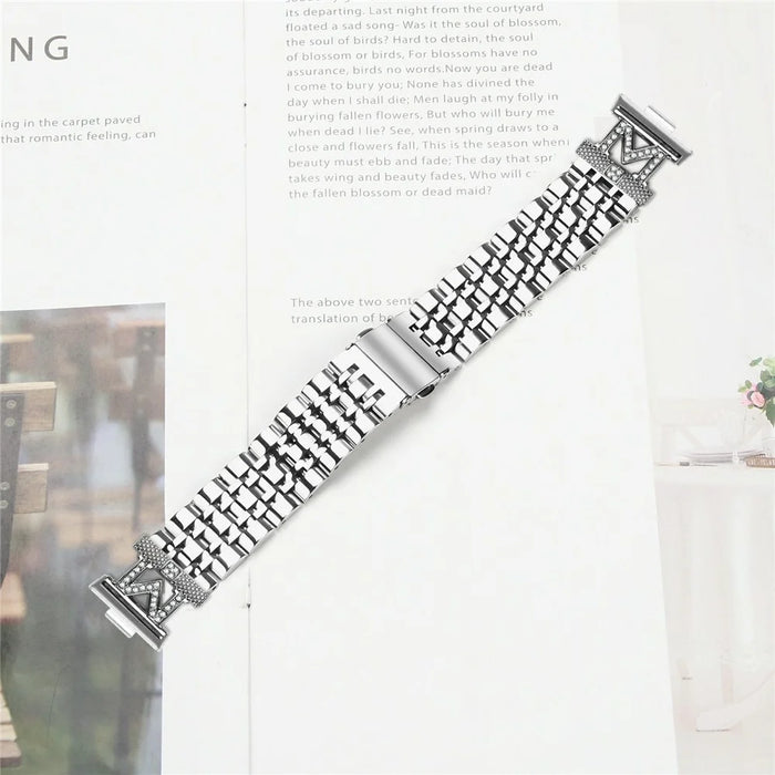 For Huawei Watch Fit 3 Watch Band Stainless Steel Strap with Rhinestone Decor M-Shaped Connector - Silver - 6