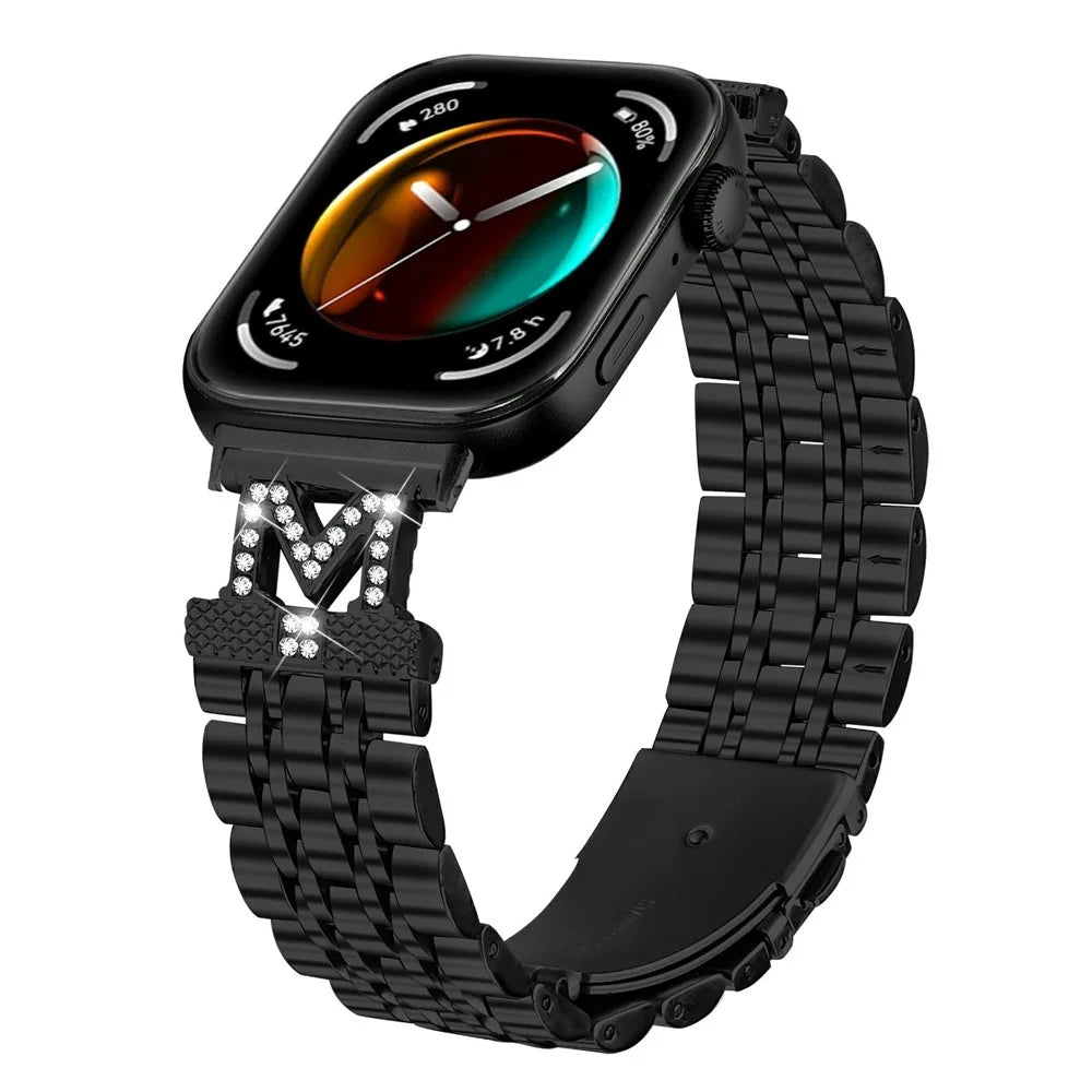 For Huawei Watch Fit 3 Watch Band Stainless Steel Metal Strap with M Shape Connector Rhinestone Decor - Black - 2