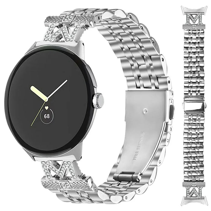 Watch Band for for Google Pixel Watch 4 41mm / Watch 3 41mm / Watch 2 / Watch Stainless Steel Strap with Rhinestone Decor M-Shaped Connector - Silver - 3