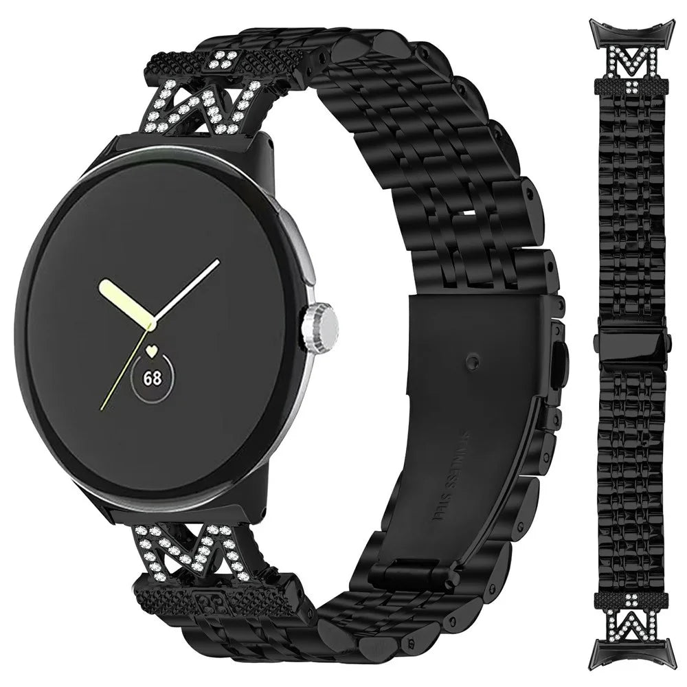 Watch Band for Google Pixel Watch 4 41mm / Watch 3 41mm / Watch 2 / Watch Stainless Steel Metal Strap with M Shape Connector Rhinestone Decor - Black - 3