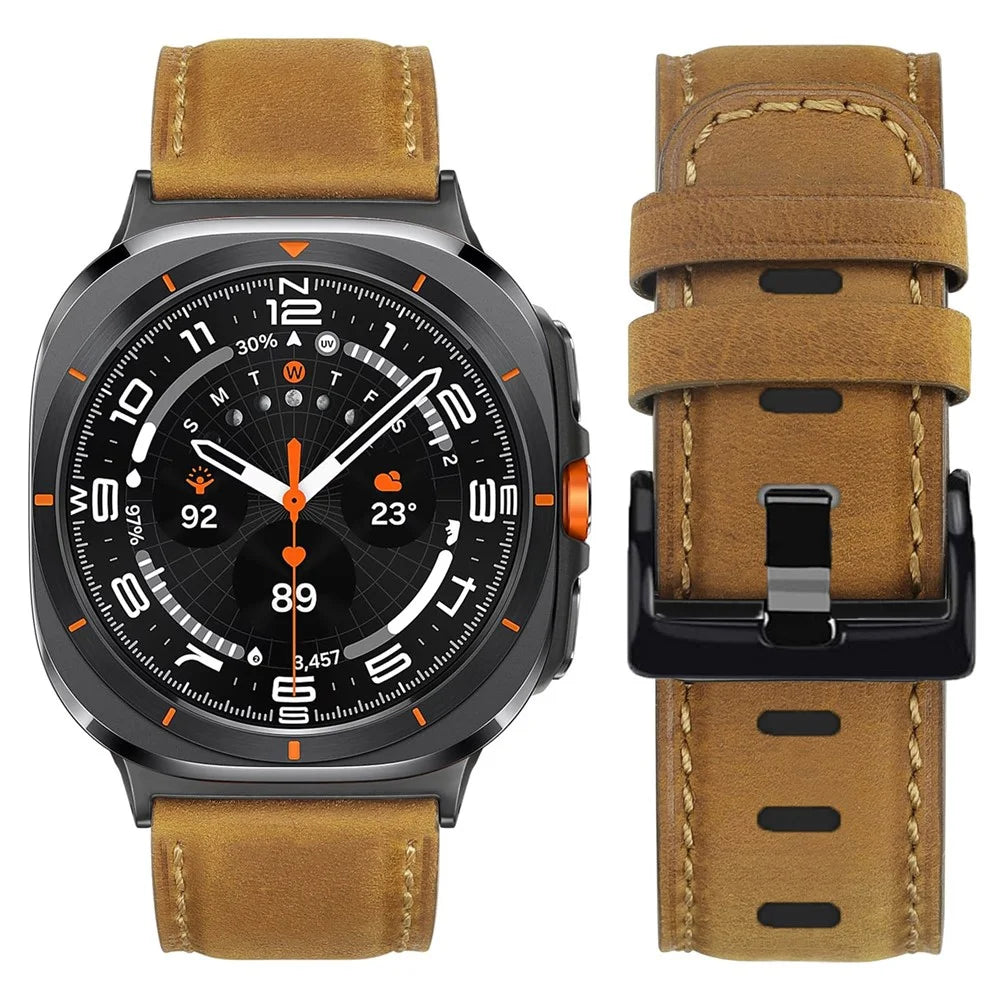 Watch Band For Samsung Galaxy Watch8 Classic 46mm  /  Watch8 44mm  /  40mm Vintage Genuine Cow Leather Wrist Strap with Stainless Steel Adapter - Brown - 3