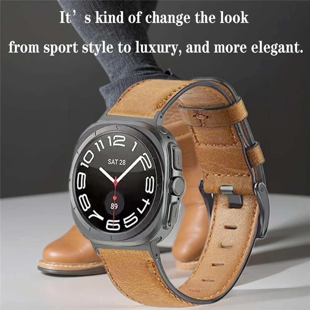Watch Band For Samsung Galaxy Watch8 Classic 46mm  /  Watch8 44mm  /  40mm Vintage Genuine Cow Leather Wrist Strap with Stainless Steel Adapter - Brown - 4