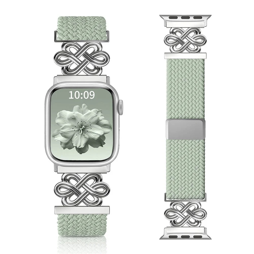 Braided Nylon Watch Band For Apple Watch Series 11 10 42mm  /  9 8 7 41mm  /  SE 2023 2022 SE 6 5 4 40mm  /  3 2 1 38mm Strap with Chinese Knot Magnetic Buckle - Pine Needle Green - 2