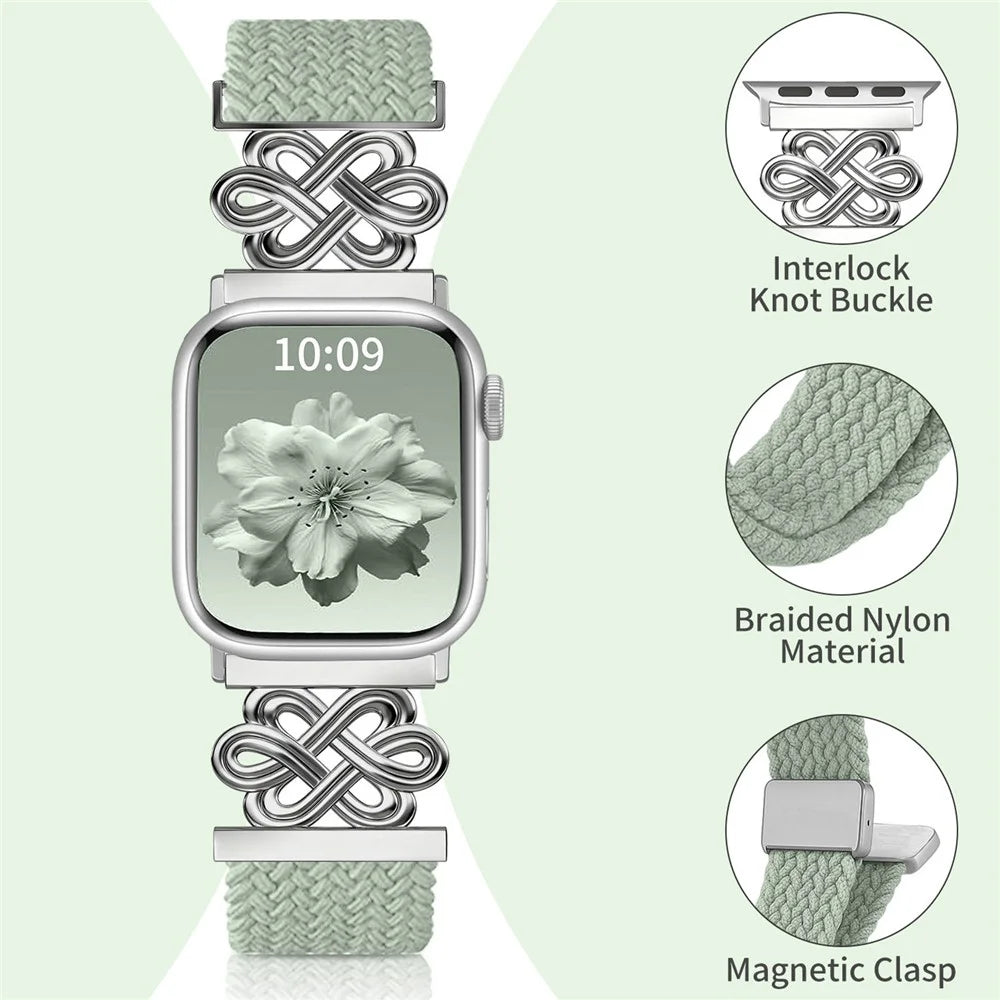 Braided Nylon Watch Band For Apple Watch Series 11 10 42mm  /  9 8 7 41mm  /  SE 2023 2022 SE 6 5 4 40mm  /  3 2 1 38mm Strap with Chinese Knot Magnetic Buckle - Pine Needle Green - 3
