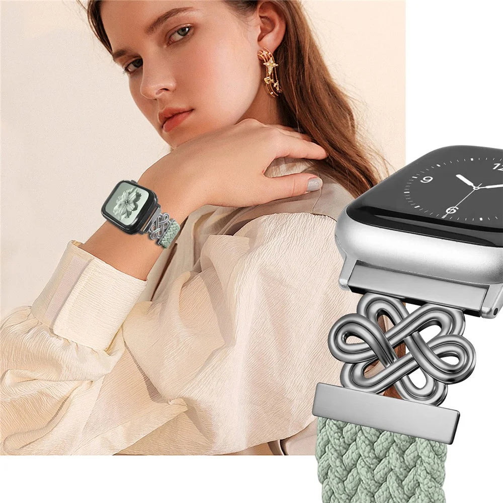 Braided Nylon Watch Band For Apple Watch Series 11 10 42mm  /  9 8 7 41mm  /  SE 2023 2022 SE 6 5 4 40mm  /  3 2 1 38mm Strap with Chinese Knot Magnetic Buckle - Pine Needle Green - 6