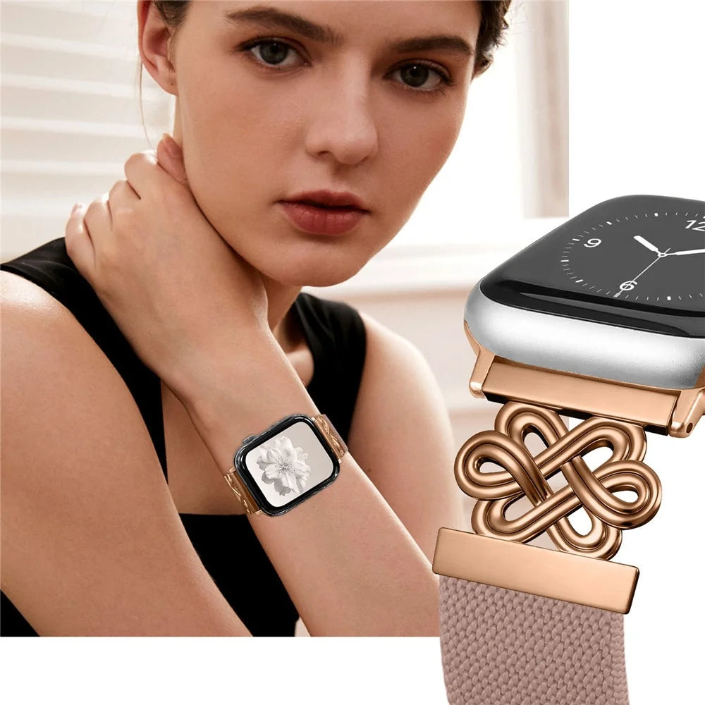 Nylon Sport Band For Apple Watch Ultra 3 2 1 49mm  /  Series 11 10 46mm  /  9 8 7 45mm  /  SE3 SE2 SE 6 5 4 44mm  /  3 2 1 42mm Elastic Strap with Chinese Knot Magnetic Buckle - Pink - 5