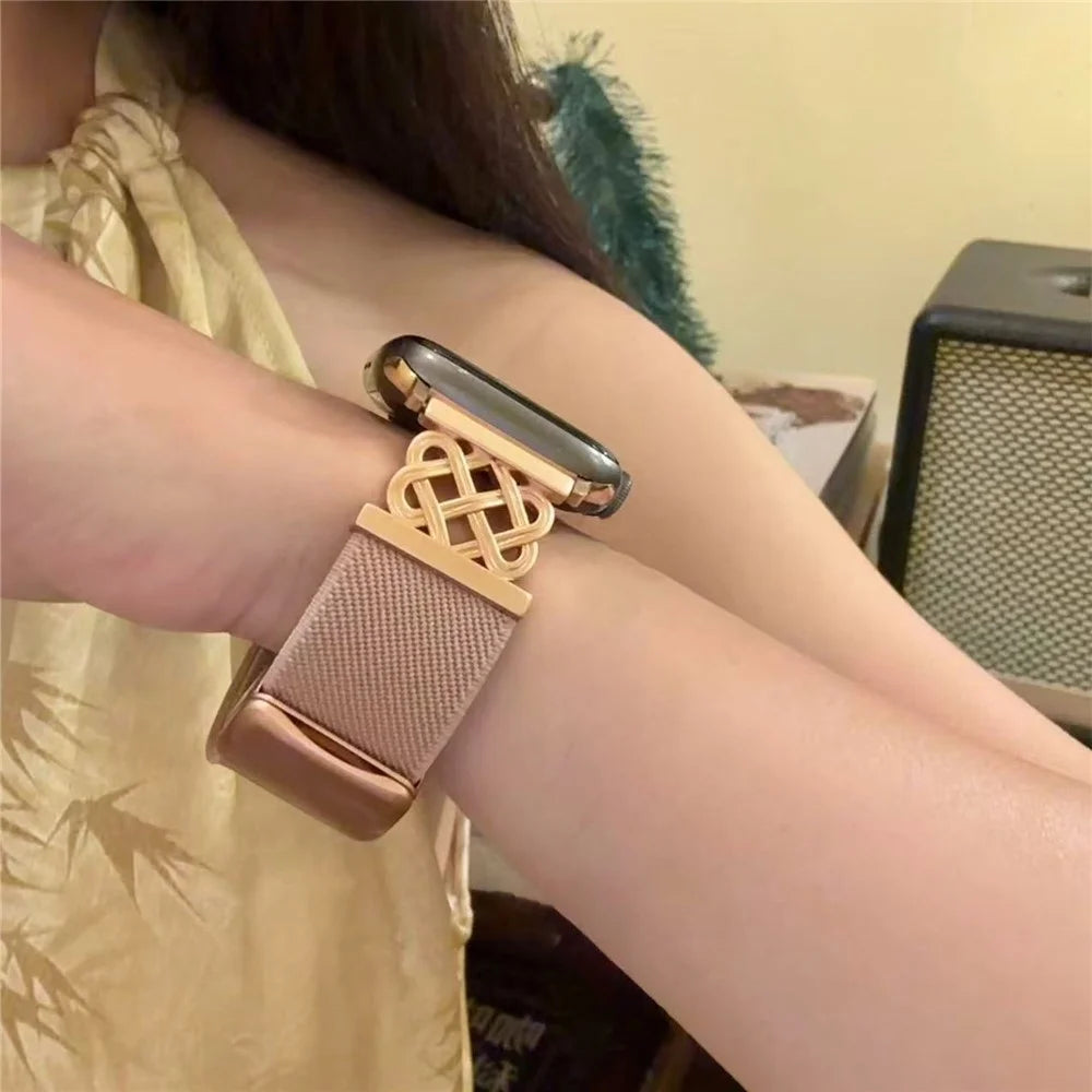 Watch Band For Apple Watch Ultra 3 2 1 49mm  /  Series 11 10 46mm  /  9 8 7 45mm  /  SE3 SE2 SE 6 5 4 44mm  /  3 2 1 42mm Chinese Knot Magnetic Buckle Twill Texture Nylon Wrist Strap - Pink - 4