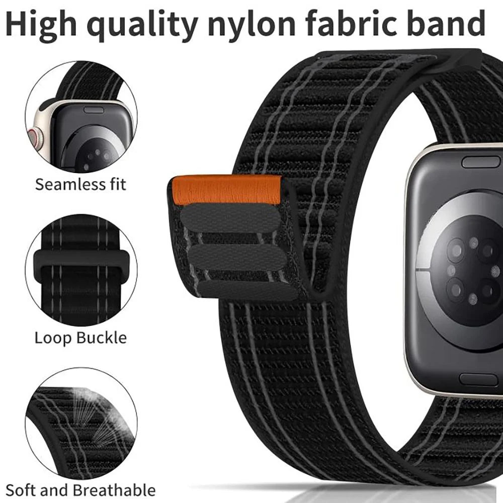Watch Band For Apple Watch Series 11 10 42mm  /  9 8 7 41mm  /  SE3 SE2 SE 6 5 4 40mm  /  3 2 1 38mm Tank Texture Magic Tape Loop Buckle Nylon Strap - Black - 4