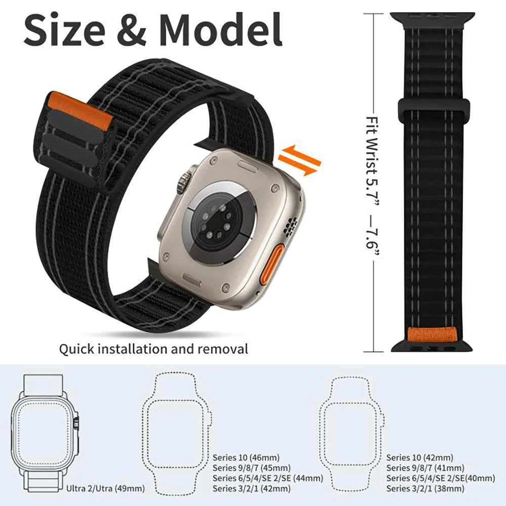 Watch Band For Apple Watch Series 11 10 42mm  /  9 8 7 41mm  /  SE3 SE2 SE 6 5 4 40mm  /  3 2 1 38mm Tank Texture Magic Tape Loop Buckle Nylon Strap - Black - 6