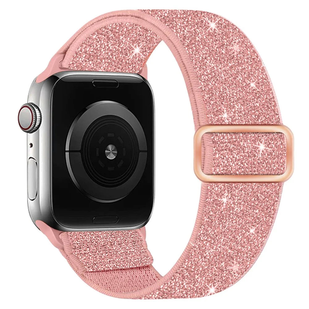 Watch Band For Apple Watch Series 11 10 42mm  /  9 8 7 41mm  /  SE3 SE2 SE 6 5 4 40mm  /  3 2 1 38mm Glitter Nylon Elastic Wrist Strap - Pink - 1