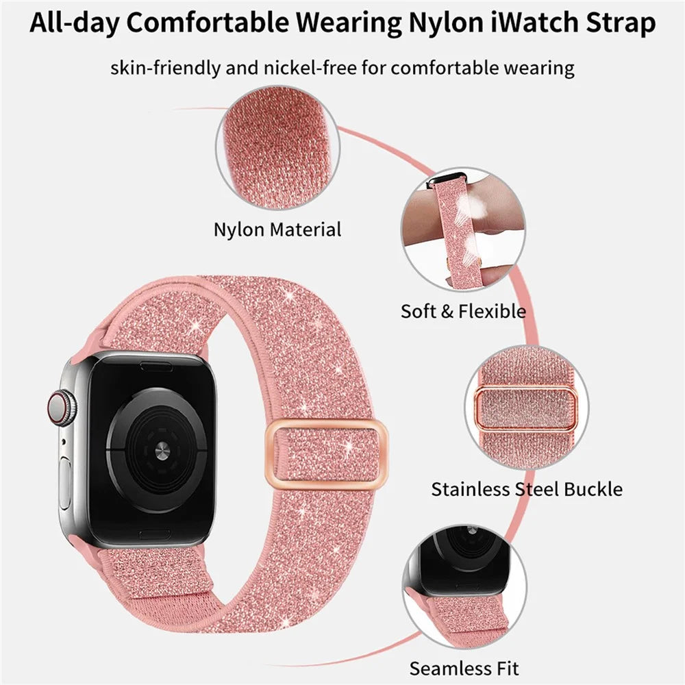 Watch Band For Apple Watch Series 11 10 42mm  /  9 8 7 41mm  /  SE3 SE2 SE 6 5 4 40mm  /  3 2 1 38mm Glitter Nylon Elastic Wrist Strap - Pink - 2