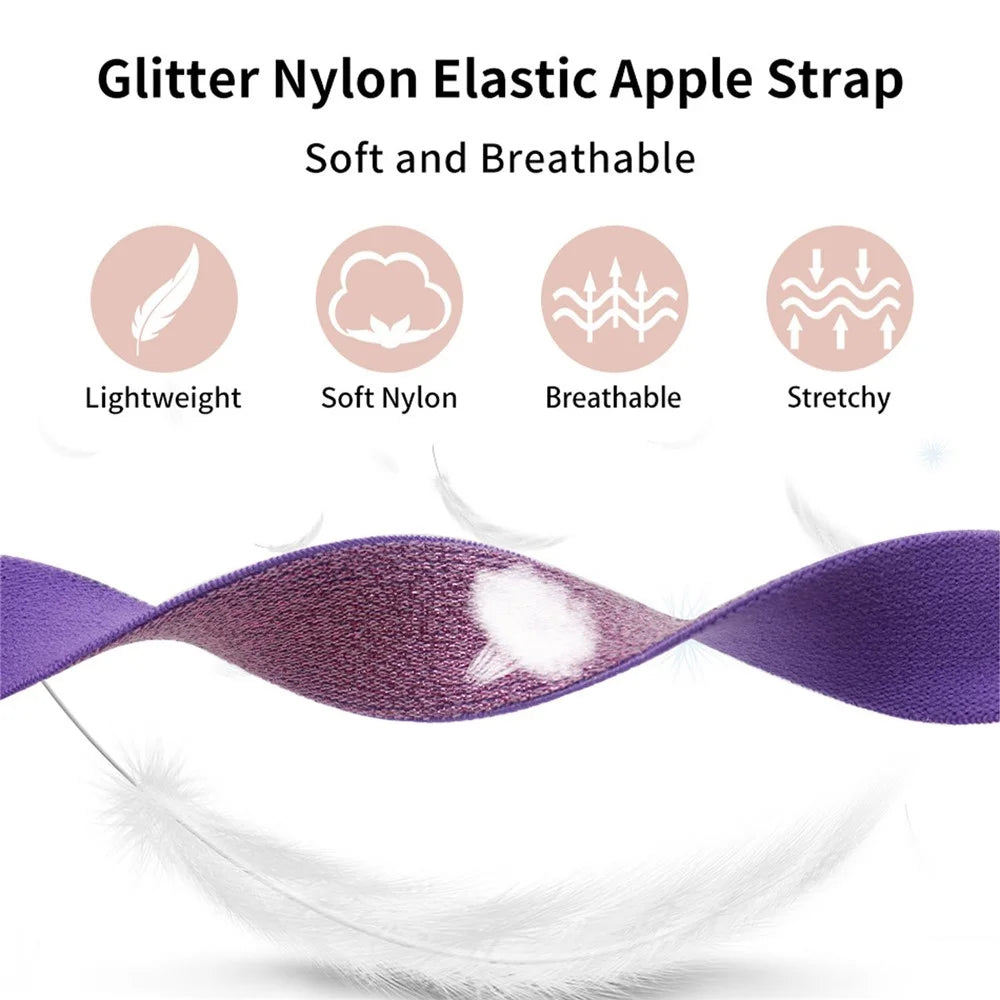 Watch Band For Apple Watch Series 11 10 42mm  /  9 8 7 41mm  /  SE3 SE2 SE 6 5 4 40mm  /  3 2 1 38mm Glitter Nylon Elastic Wrist Strap - Pink - 3