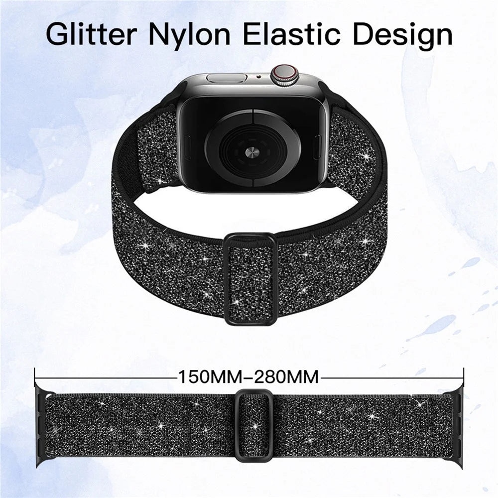 Watch Band For Apple Watch Series 11 10 42mm  /  9 8 7 41mm  /  SE3 SE2 SE 6 5 4 40mm  /  3 2 1 38mm Glitter Nylon Elastic Wrist Strap - Pink - 6