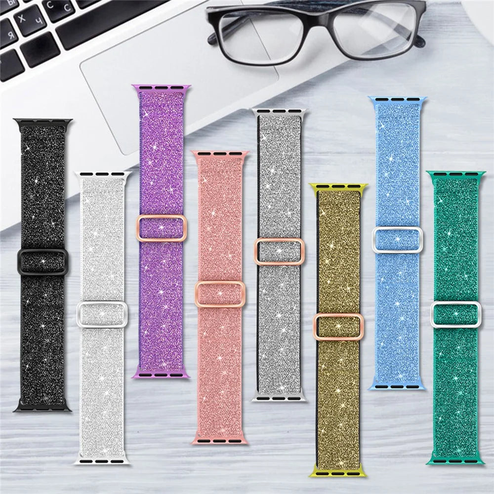 Watch Band For Apple Watch Series 11 10 42mm  /  9 8 7 41mm  /  SE3 SE2 SE 6 5 4 40mm  /  3 2 1 38mm Glitter Nylon Elastic Wrist Strap - Pink - 7