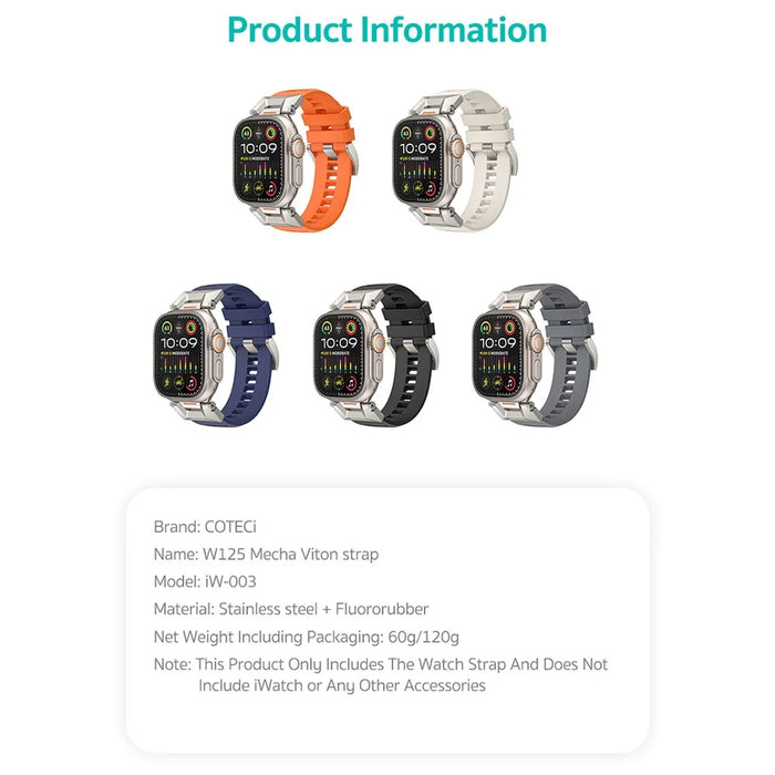 COTECI W125 Mecha Fluorubber Strap for Apple Watch Series 11 10 42mm  /  9 8 7 41mm  /  SE3 SE2 SE 6 5 4 40mm  /  3 2 1 38mm Replacement Band - Starlight - 6