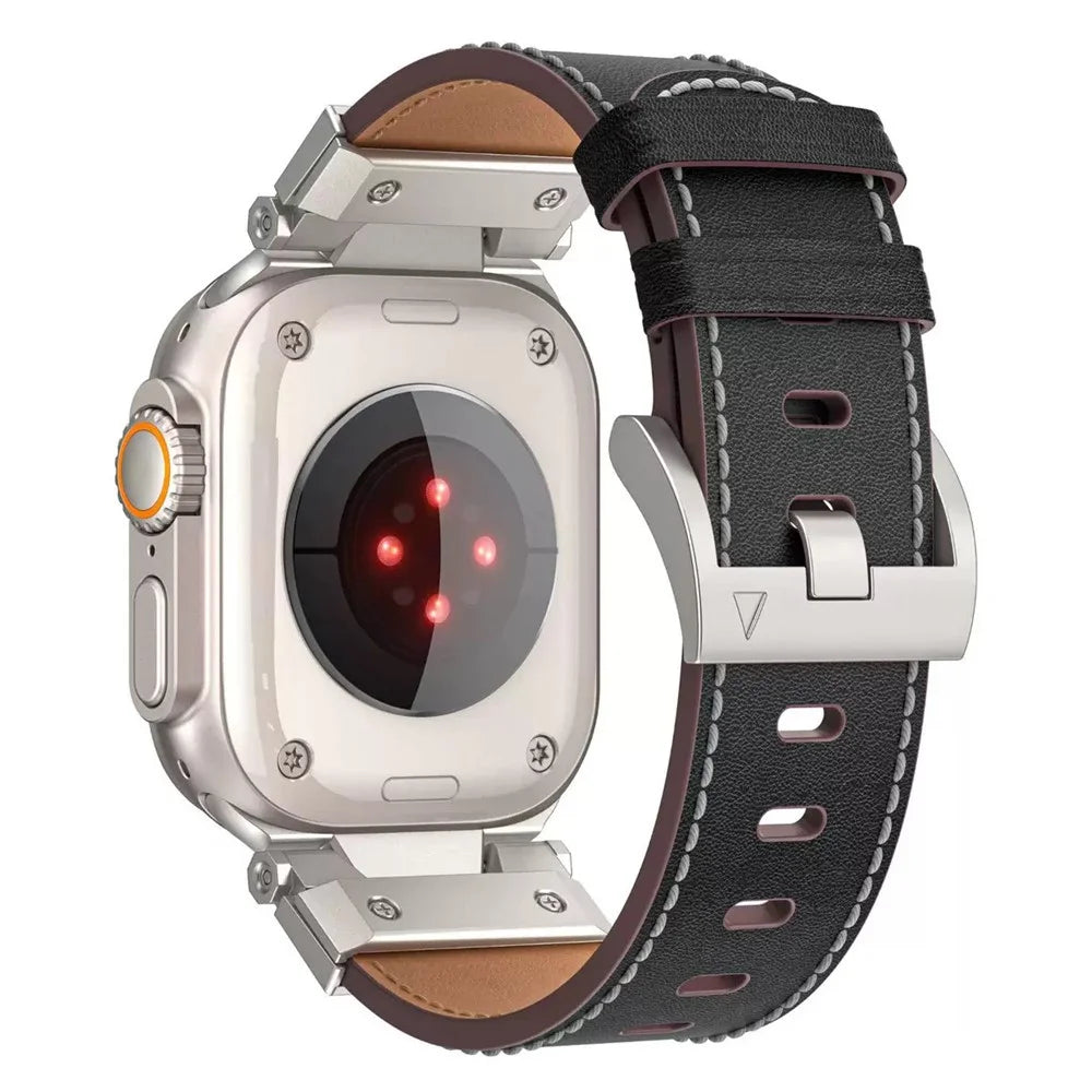 COTECI iW-004 Watch Band for Apple Watch Series 11 10 42mm  /  9 8 7 41mm  /  SE3 SE2 SE 6 5 4 40mm  /  3 2 1 38mm Mecha Top Layer Genuine Cow Leather Strap - Black - 1