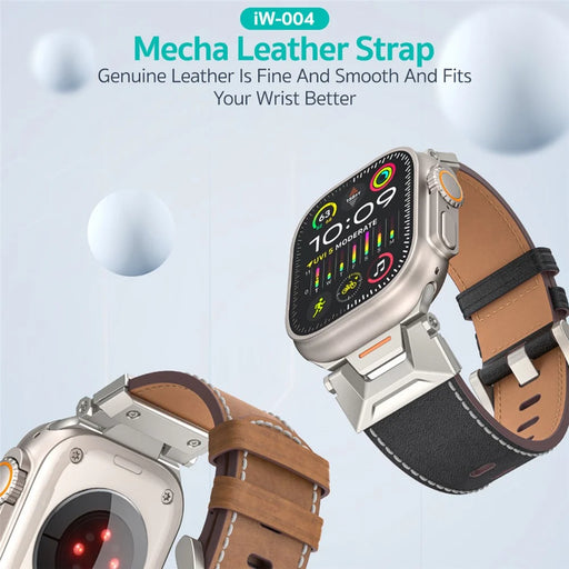 COTECI iW-004 Watch Band for Apple Watch Series 11 10 42mm  /  9 8 7 41mm  /  SE3 SE2 SE 6 5 4 40mm  /  3 2 1 38mm Mecha Top Layer Genuine Cow Leather Strap - Black - 2