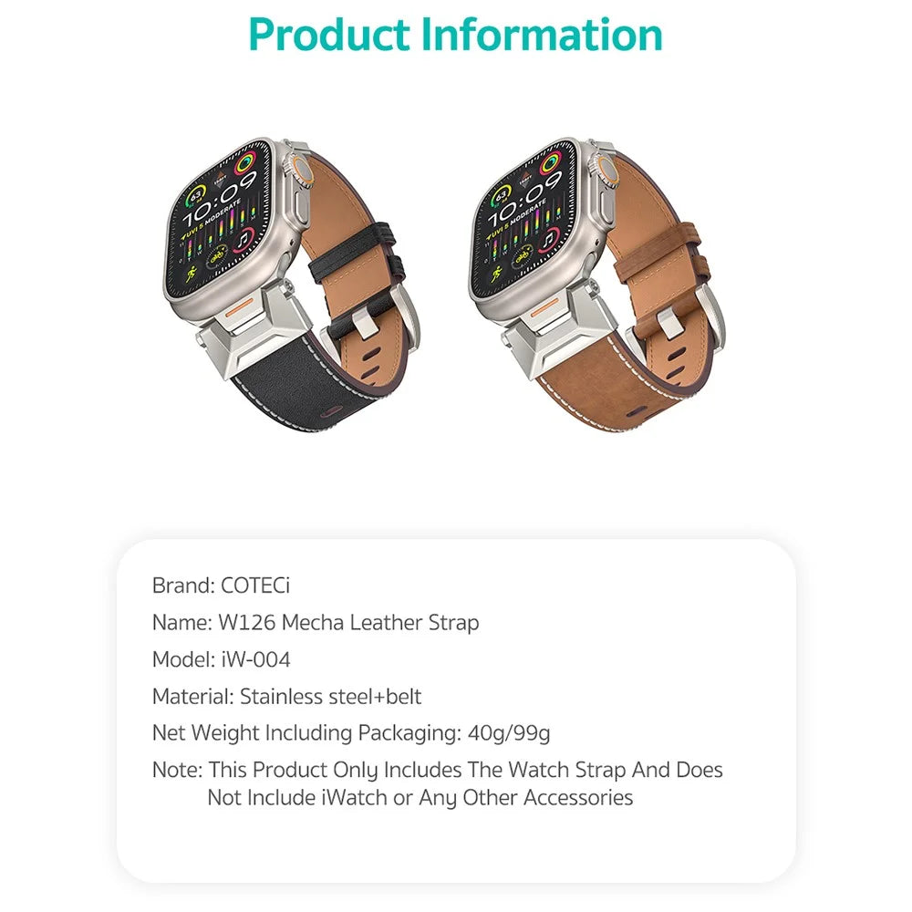 COTECI iW-004 Watch Band for Apple Watch Series 11 10 42mm  /  9 8 7 41mm  /  SE3 SE2 SE 6 5 4 40mm  /  3 2 1 38mm Mecha Top Layer Genuine Cow Leather Strap - Black - 5