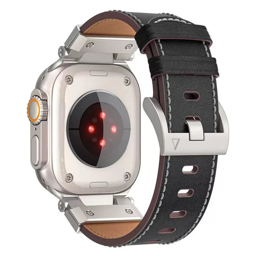COTECI iW-004 Watch Band for Apple Watch Ultra 3 2 1 49mm  /  Series 11 10 46mm  /  9 8 7 45mm  /  SE3 SE2 SE 6 5 4 44mm  /  3 2 1 42mm Mecha Top Layer Genuine Cow Leather Strap - Black - 1