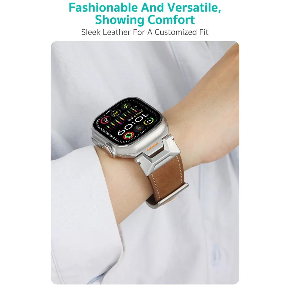 COTECI iW-004 Watch Band for Apple Watch Ultra 3 2 1 49mm  /  Series 11 10 46mm  /  9 8 7 45mm  /  SE3 SE2 SE 6 5 4 44mm  /  3 2 1 42mm Mecha Top Layer Genuine Cow Leather Strap - Black - 4
