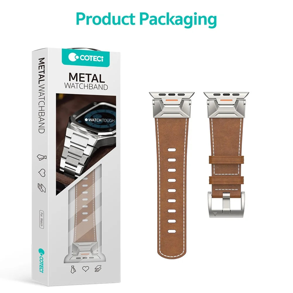 COTECI iW-004 Watch Band for Apple Watch Ultra 3 2 1 49mm  /  Series 11 10 46mm  /  9 8 7 45mm  /  SE3 SE2 SE 6 5 4 44mm  /  3 2 1 42mm Mecha Top Layer Genuine Cow Leather Strap - Black - 6