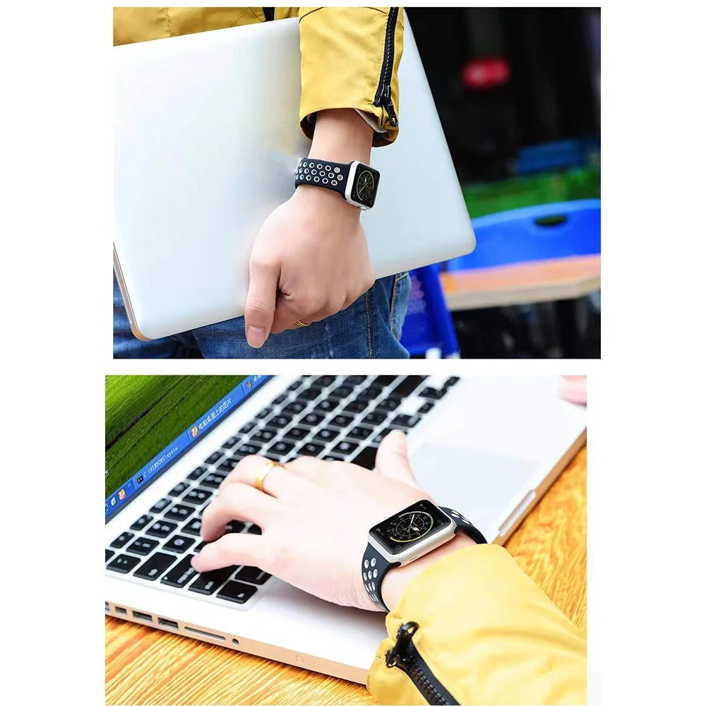 COTECI W12 Silicone Watch Band for Apple Watch Series 11 10 42mm / 9 8 7 41mm / SE3 SE2 SE 6 5 4 40mm / 3 2 1 38mm Dual Color Sports Strap - Black / Fluorescent Yellow - 6