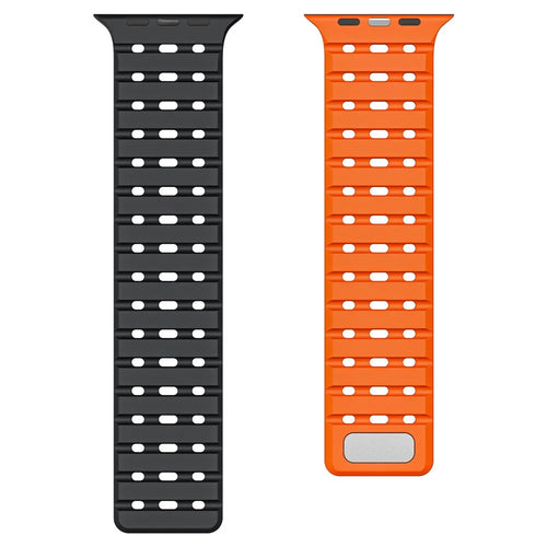 COTECI IW-016 Magnetic Silicone Strap for Apple Watch Ultra 3 2 1 49mm / Series 11 10 46mm / 9 8 7 45mm / SE3 SE2 SE 6 5 4 44mm / 3 2 1 42mm Dual Color Watch Band - Black / Orange - 1