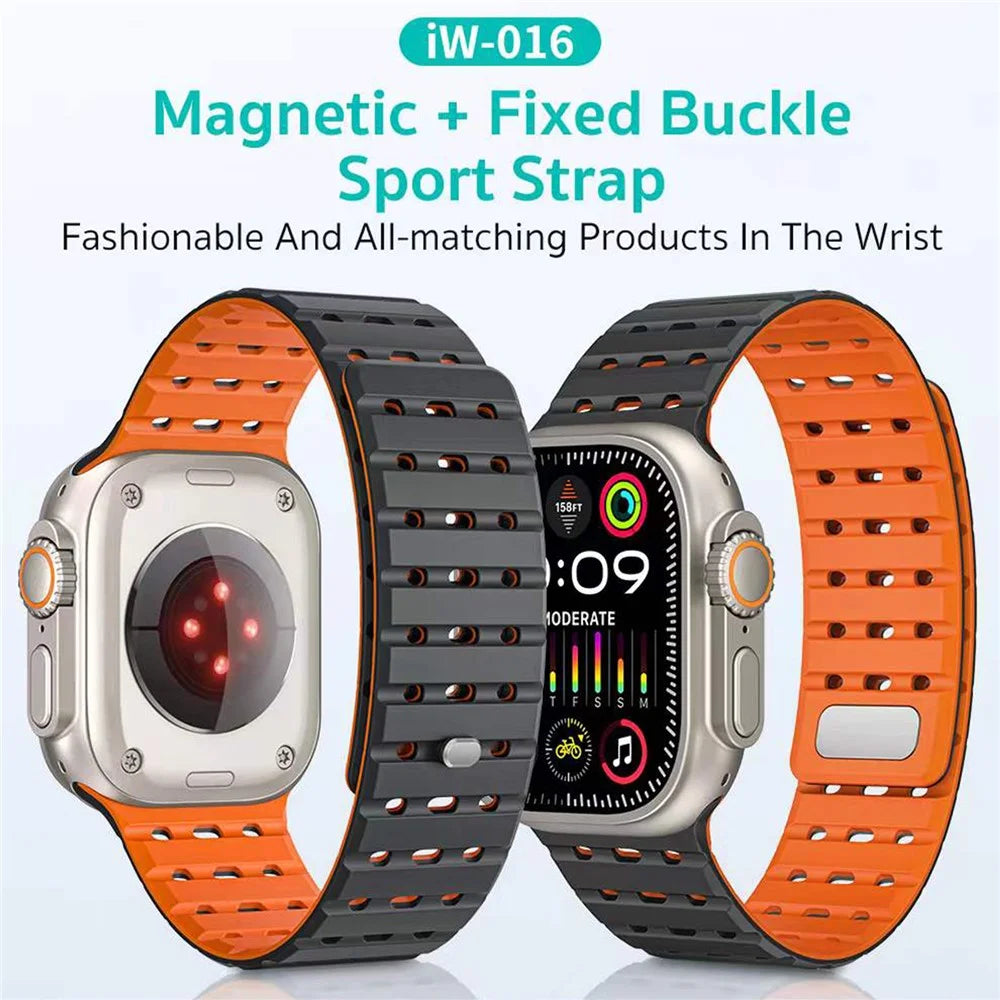 COTECI IW-016 Magnetic Silicone Strap for Apple Watch Ultra 3 2 1 49mm / Series 11 10 46mm / 9 8 7 45mm / SE3 SE2 SE 6 5 4 44mm / 3 2 1 42mm Dual Color Watch Band - Black / Orange - 2