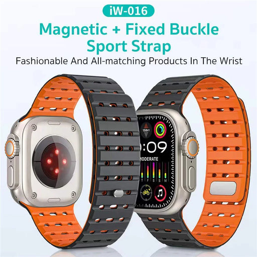COTECI IW-016 Magnetic Silicone Strap for Apple Watch Ultra 3 2 1 49mm / Series 11 10 46mm / 9 8 7 45mm / SE3 SE2 SE 6 5 4 44mm / 3 2 1 42mm Dual Color Watch Band - Black / Orange - 2