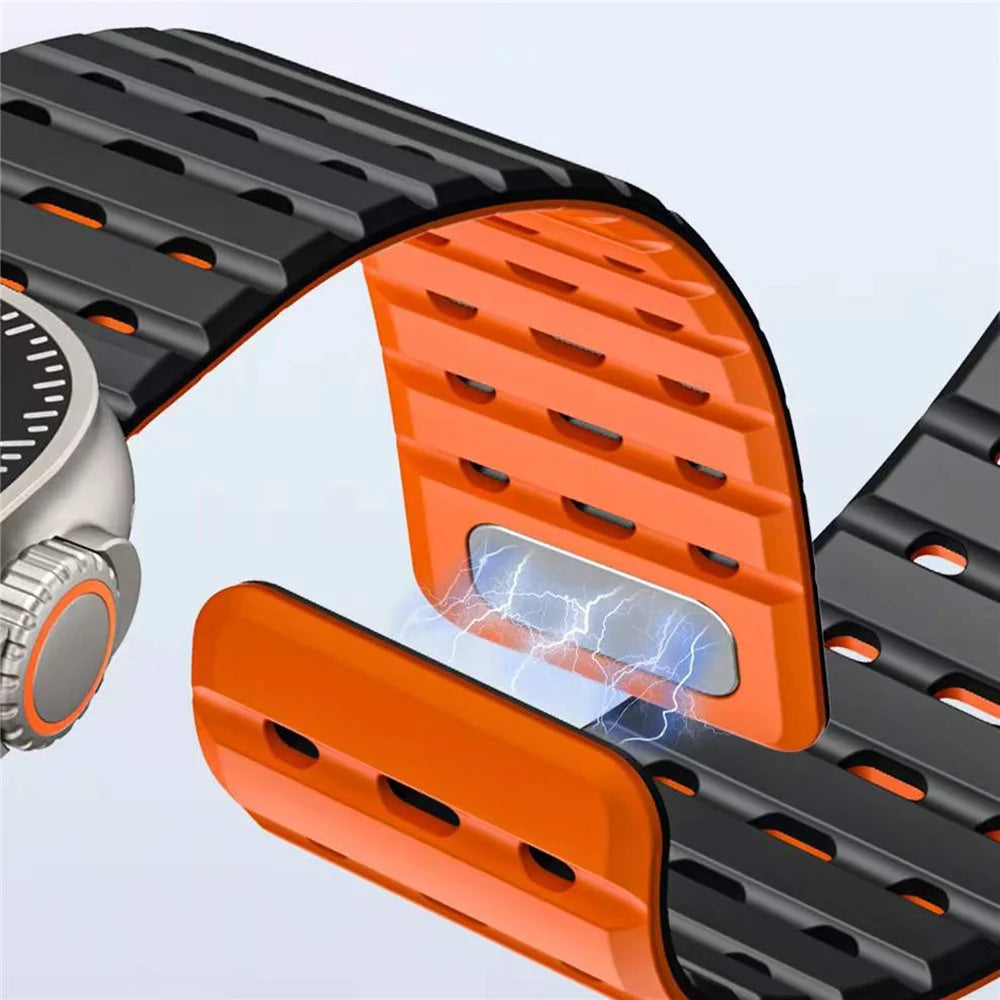 COTECI IW-016 Magnetic Silicone Strap for Apple Watch Ultra 3 2 1 49mm / Series 11 10 46mm / 9 8 7 45mm / SE3 SE2 SE 6 5 4 44mm / 3 2 1 42mm Dual Color Watch Band - Black / Orange - 3