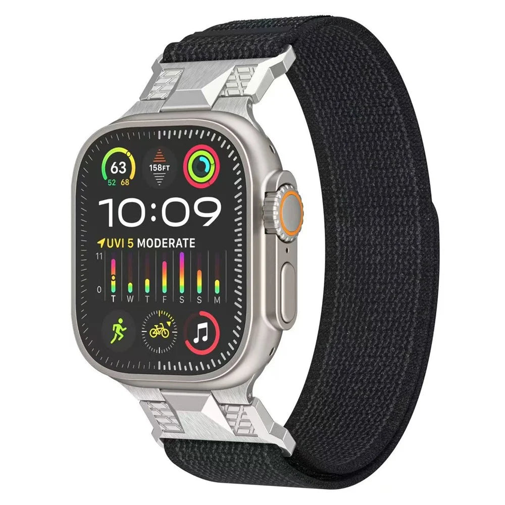 COTECI W124 Nylon Watch Strap for Apple Watch Ultra 3 2 1 49mm / Series 11 10 46mm / 9 8 7 45mm / SE3 SE2 SE 6 5 4 44mm / 3 2 1 42mm Mecha Wild Trail Loopback Band - Black - 2