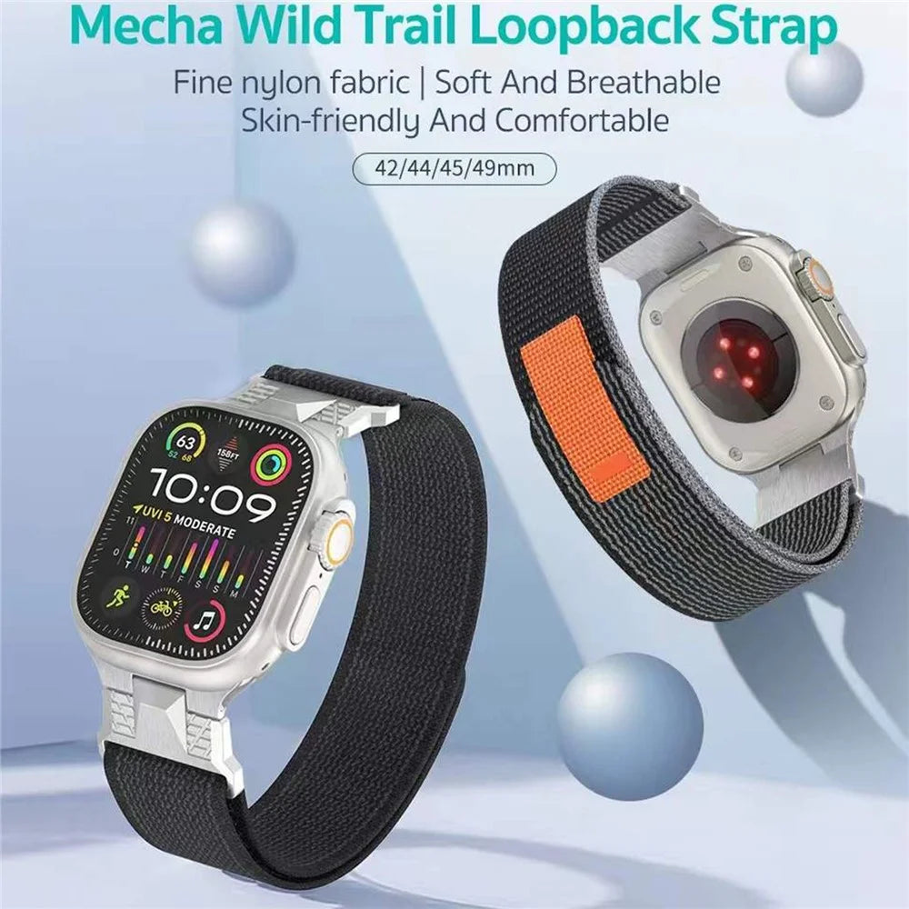 COTECI W124 Nylon Watch Strap for Apple Watch Ultra 3 2 1 49mm / Series 11 10 46mm / 9 8 7 45mm / SE3 SE2 SE 6 5 4 44mm / 3 2 1 42mm Mecha Wild Trail Loopback Band - Black - 3