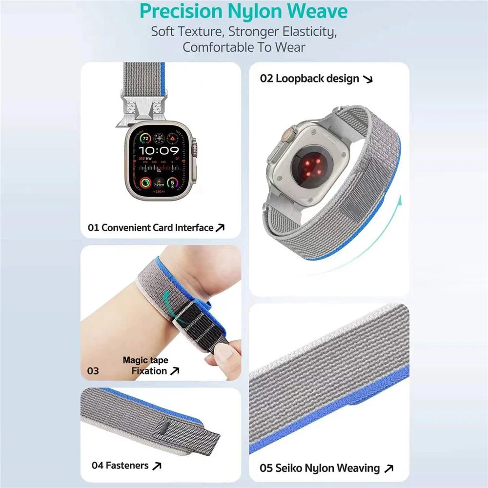 COTECI W124 Nylon Watch Strap for Apple Watch Ultra 3 2 1 49mm / Series 11 10 46mm / 9 8 7 45mm / SE3 SE2 SE 6 5 4 44mm / 3 2 1 42mm Mecha Wild Trail Loopback Band - Black - 4