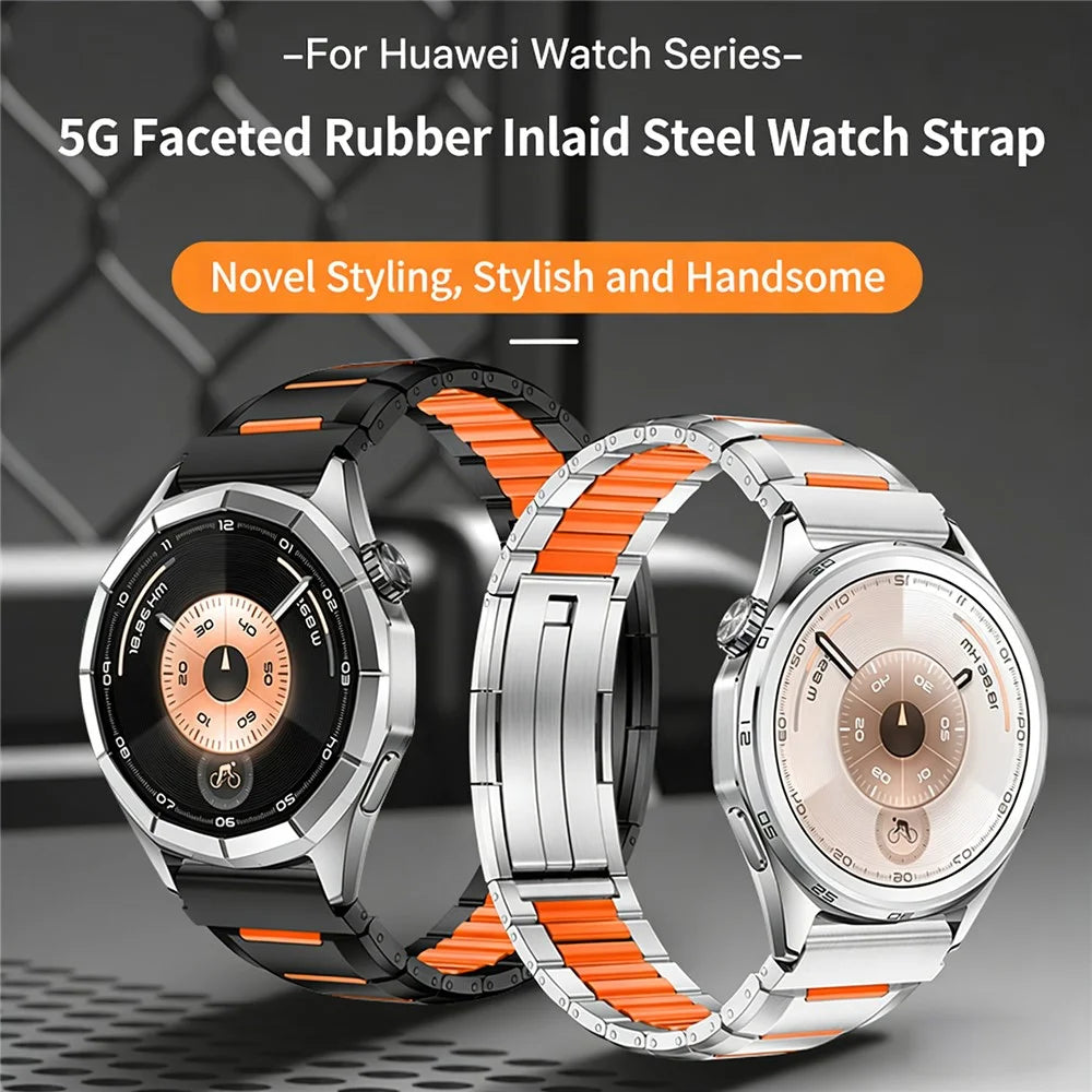 22mm 5G Faceted Rubber Inlaid Stainless Steel Watch Band for Huawei Watch GT 5 Pro 46mm / GT 5 46mm / GT 4 46mm - Titanium+Orange - 3