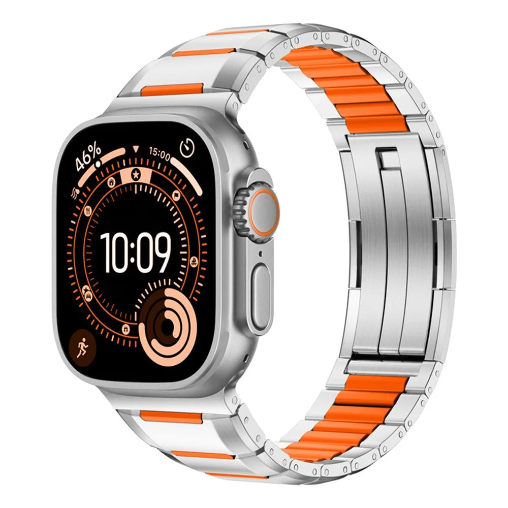5G Faceted Rubber Inlaid Stainless Steel Watch Band for Apple Watch Ultra 3 2 1 49mm  /  Series 11 10 46mm  /  9 8 7 45mm  /  SE3 SE2 SE 6 5 4 44mm  /  3 2 1 42mm - Titanium+Orange - 2